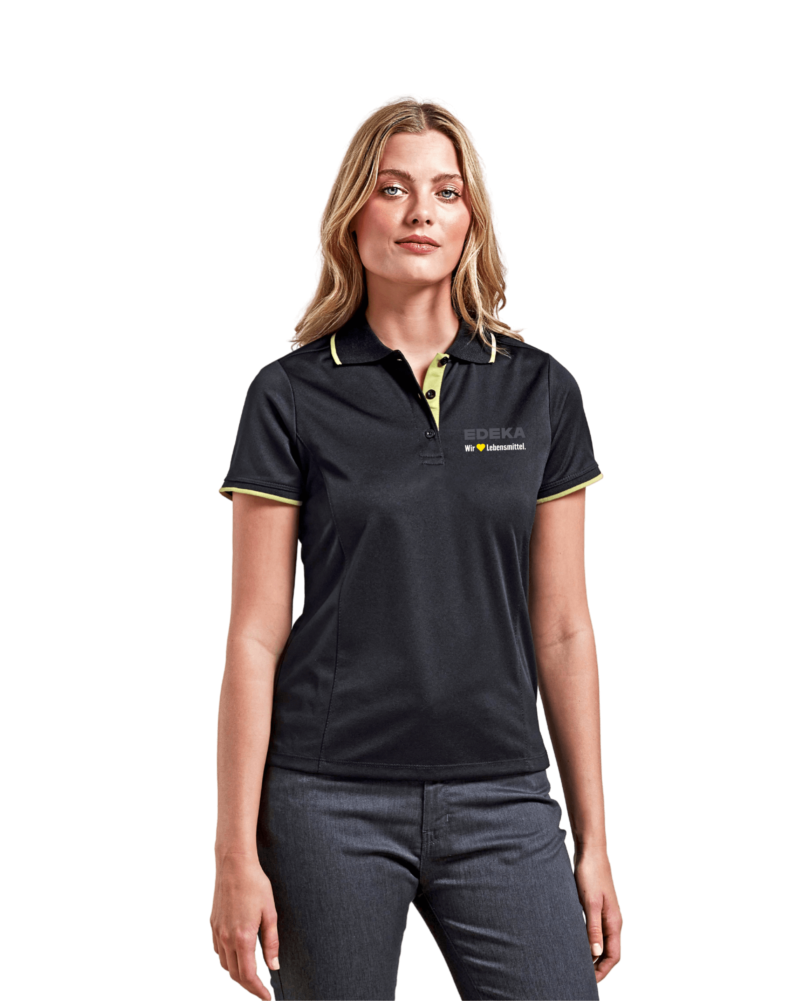 Damen-Poloshirt, Kontraststreifen lime